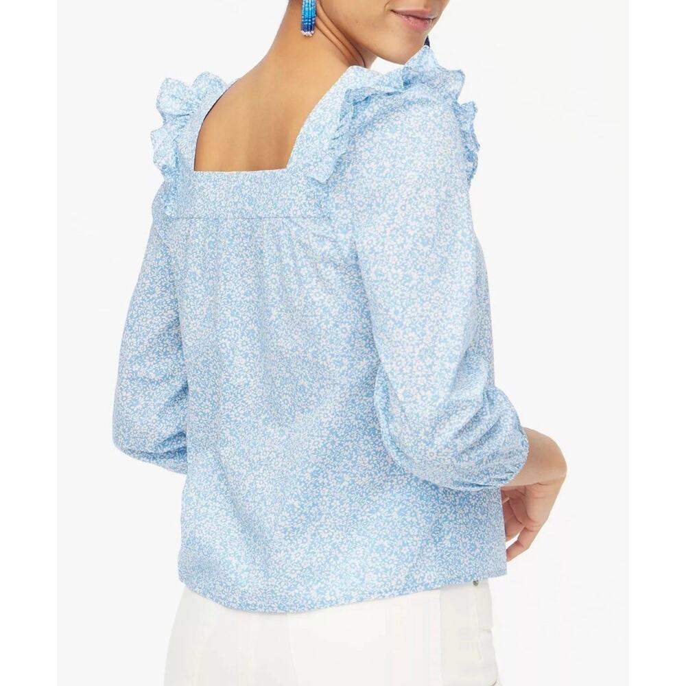 J. Crew Blue Large BR779 Cotton Floral Square neck Ruffle Top J- NWT - Picture 3 of 14